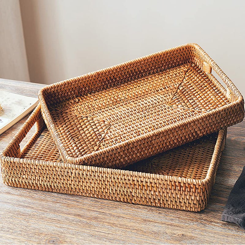 i-lan 2 Pack Natural Rattan Serving Trays with Handles â€“ Handwoven Rectangular Wicker Baskets for Food, Bread, Fruit | Decorative Storage & Table Organizer with 2-Inch Wall (Small + Large) - Image 4